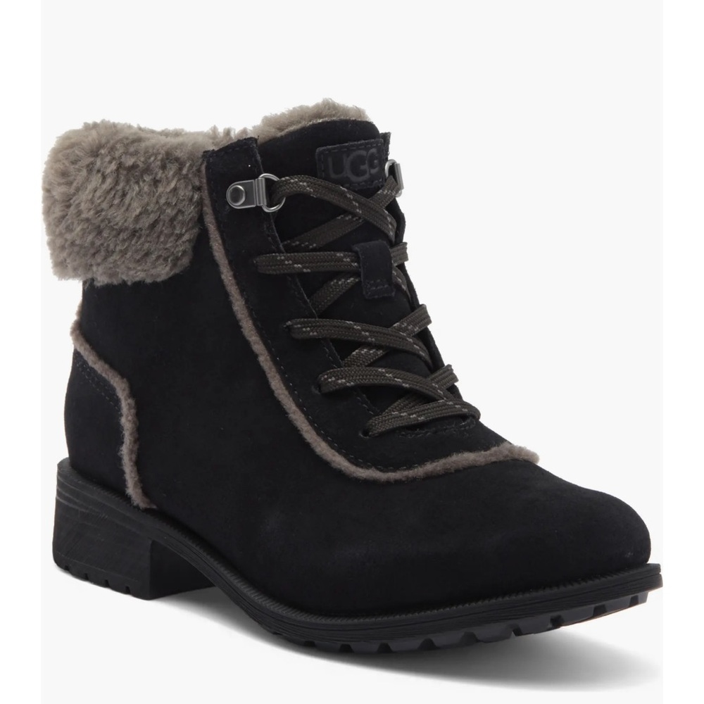UGG, Bodie Faux Fur Lace Bootie, Black, US 10, NWOT